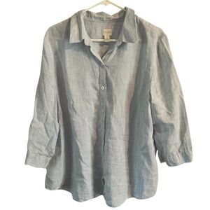 Women’s Linen Chicos No Iron Button Down Shirt Sz 3 White Blue Stripe
